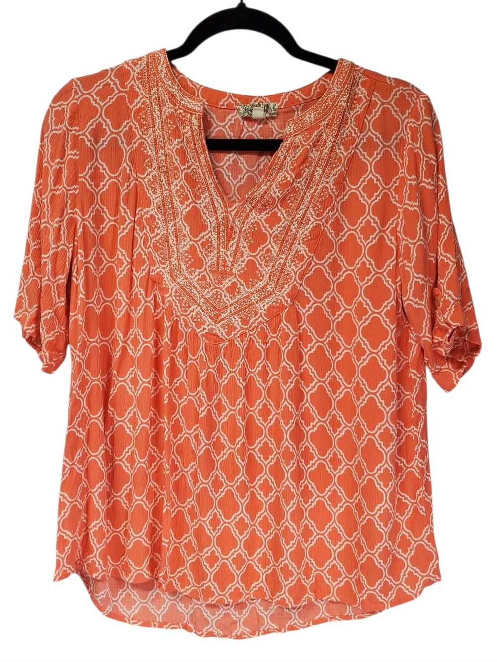 Boho Hippie Tunic Shirt One World Oramge Geometric Print Lightweight Medium
